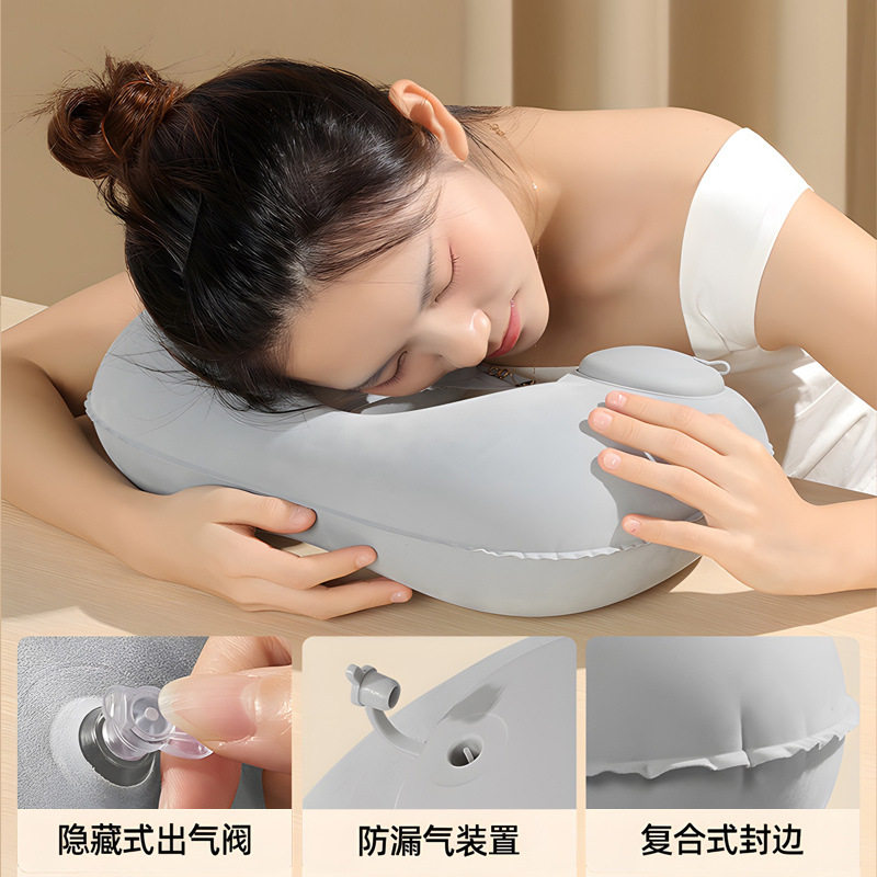 按压充气u型枕旅行吹气枕坐车飞机护颈枕户外露營靠脖U形枕头