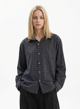 YGAN格雷miu系蓝色格子衬衫男女情侣内搭长袖休闲宽松春秋薄外套