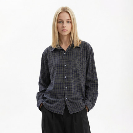 YGAN格雷miu系蓝色格子衬衫男女情侣内搭长袖休闲宽松春秋薄外套