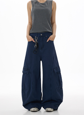 YGAN年少不知复古做旧解构设计藏蓝色工装裤多口袋宽松阔腿休闲裤