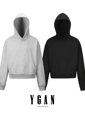 YGAN年少不知美式复古灰色连帽卫衣男女抓绒短款开衫外套情侣帽衫