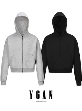 YGAN年少不知美式复古灰色短款卫衣男女休闲百搭情侣连帽开衫外套