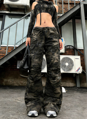 YGAN美式复古设计感微喇迷彩工装裤女款直筒多口袋阔腿宽松休闲裤