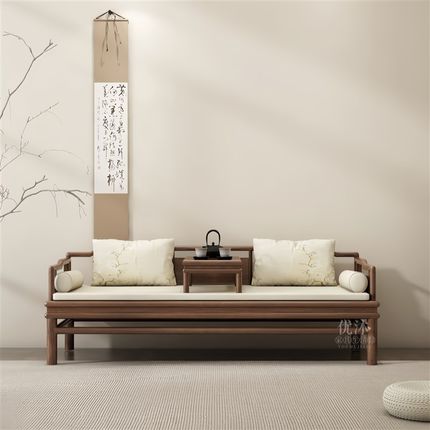新中式禅意实木罗汉床客厅茶室现代简约黑胡桃木罗汉床小户型沙发