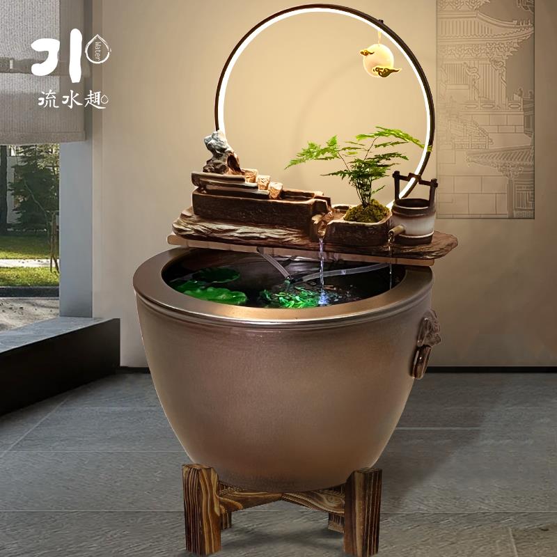 陶瓷材质插电大水缸古法鱼缸上流水摆件器循环水落地景造景装饰