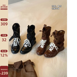 Chio2nd南风 4cm增高马丁靴女真皮机能风骑士靴子复古绑带小短靴