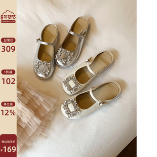 Chio2nd南风 玛丽珍女鞋夏季水钻小皮鞋配裙子的鞋子银色单鞋女