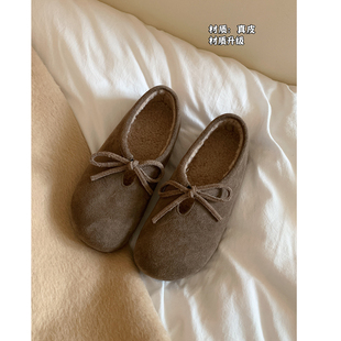 加绒可爱蝴蝶结软糯平底一脚蹬鞋 女冬季 子 真皮豆豆鞋 南风Chio2nd