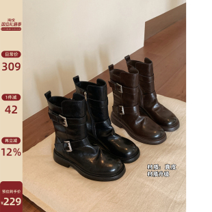 Chio2nd南风 酷飒风黑皮靴机车骑士靴瘦瘦靴短靴 真皮中筒靴子女款