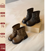 爆款 Chio2nd南风 5.5cm增高短靴子2025新款 棕色女靴美拉德中筒靴