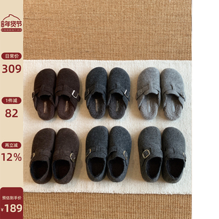 Chio2nd南风 灰色勃肯鞋女鞋冬绝美厚底羊毛毡一脚蹬鞋子毛毛拖鞋