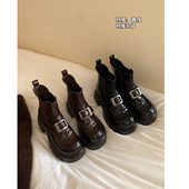 Chio2nd南风 真皮短靴子女秋冬高级感炸街褶皱粗跟厚底加绒小皮靴