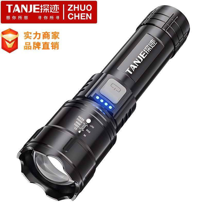 跨境LED手电筒强光户外充电超亮USB伸缩调焦应急家用带电显手电筒