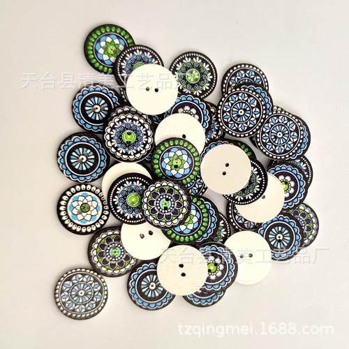 1.5/2/2.5cm白底蓝色系印花圆片纽扣白底印花圆片木纽扣100个一包