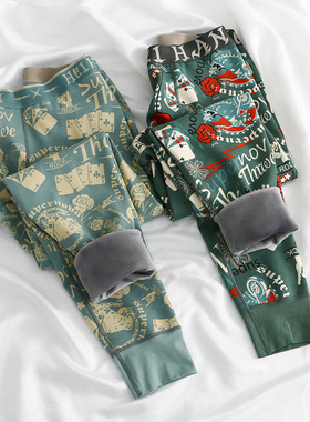 男士保暖裤加绒加厚潮流印花秋裤新款紧身男生冬季修身性感打底裤