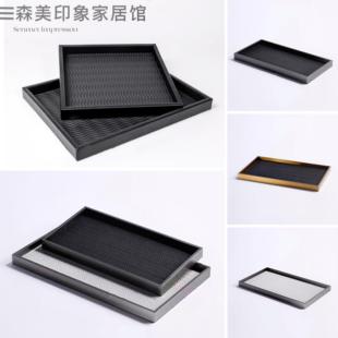 现代简单的矩形金属皮革托盘模型房间咖啡桌桌面存储托盘香薰蜡烛