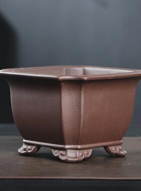 紫砂花盆切角四方正方形盆景盆中国风古典室内盆栽简约手工精品