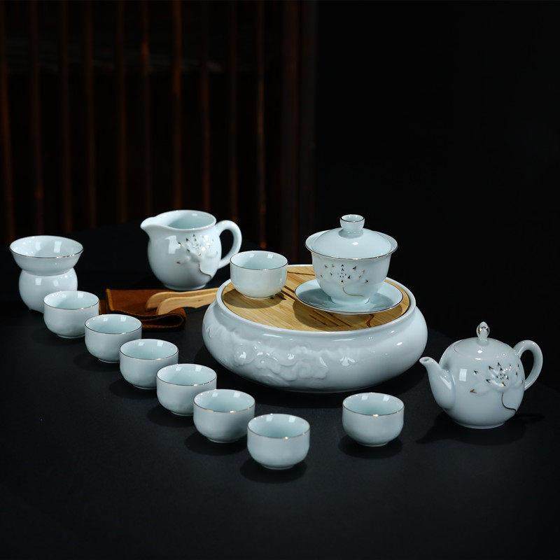 景德镇青瓷浮雕功夫茶具套装手绘描金茶壶盖碗茶杯茶盘整套礼盒装,餐饮具,功夫茶具,淘宝优惠券,粉丝福利购,淘宝优惠卷