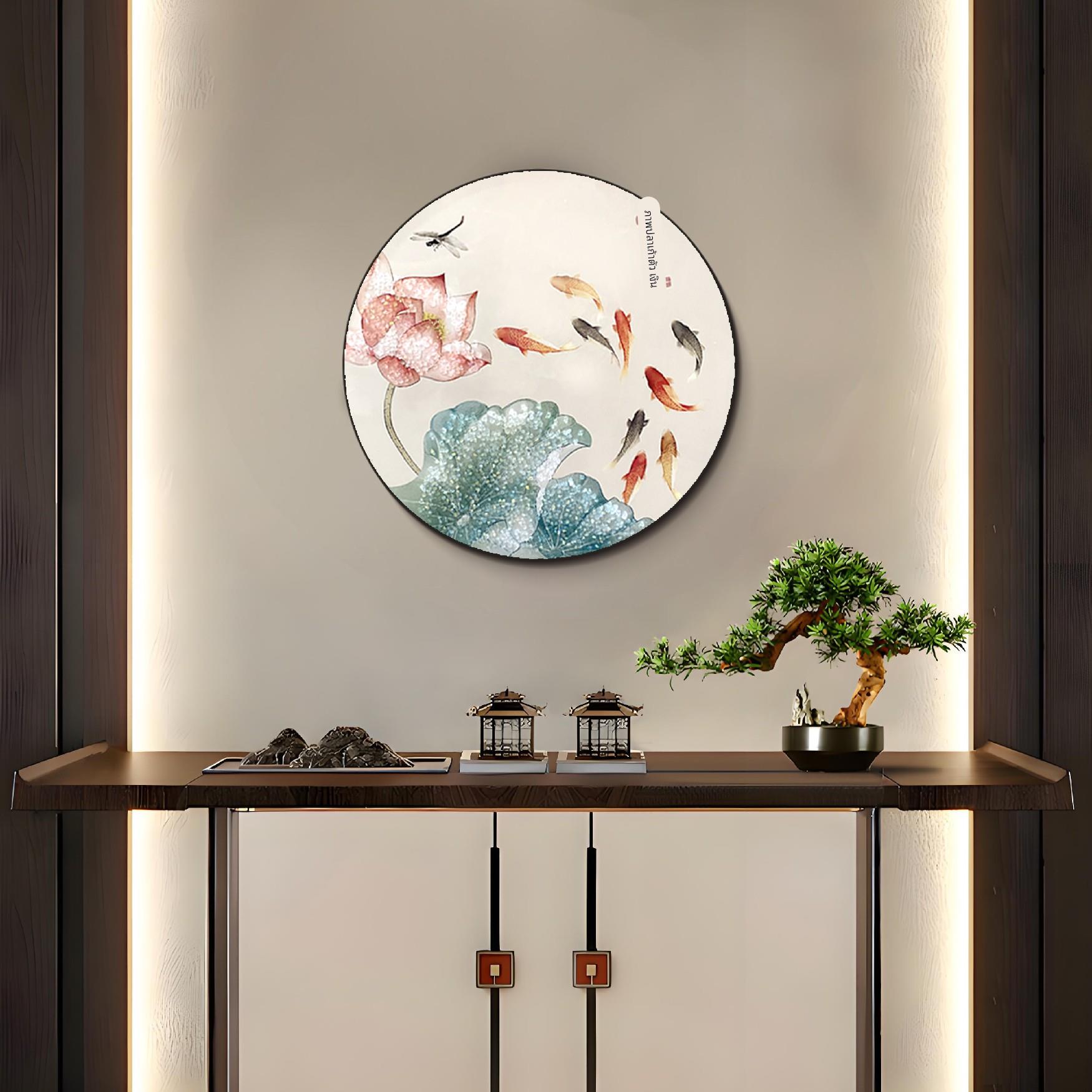 新中式寓意好圆形客厅挂画入户走廊壁画jc220荷花九鱼6060