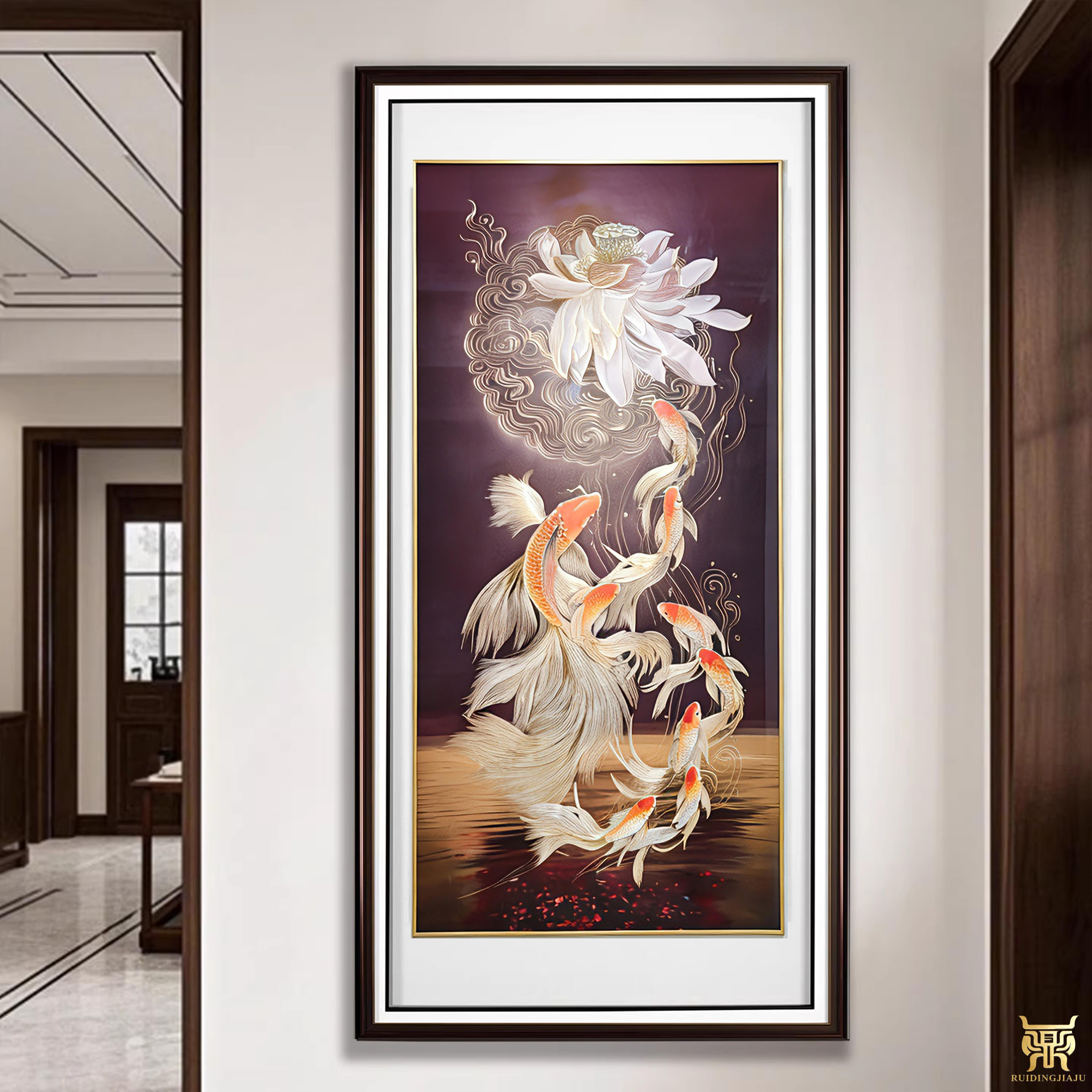 新品铜雕装饰画入户玄关手工雕刻铜镶玉客厅新中式竖版九鱼图挂画