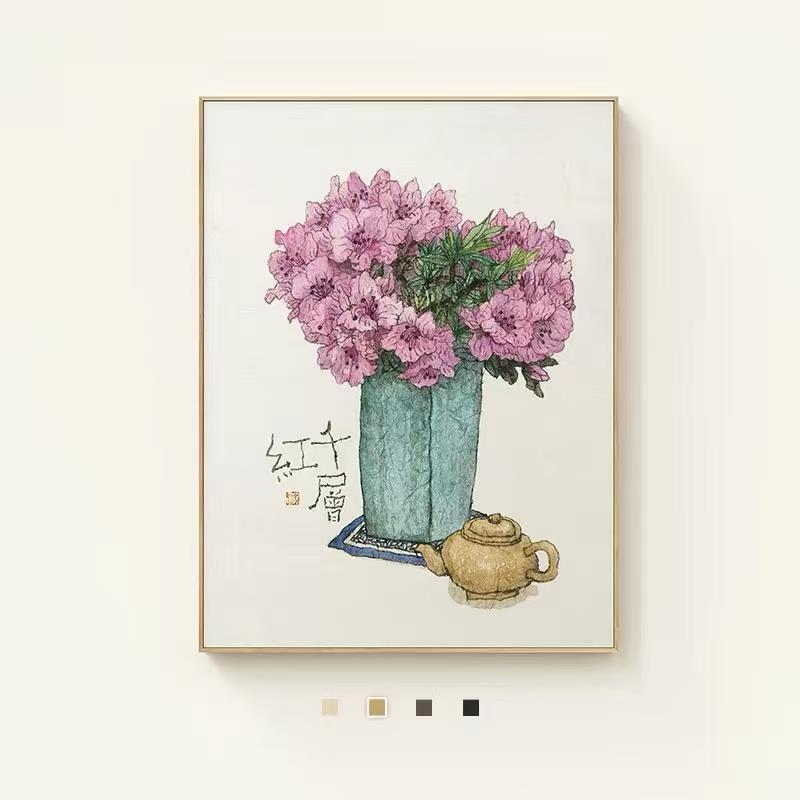 原木风植物花卉装饰画客厅有框挂画创意手绘花卉盆栽装饰画