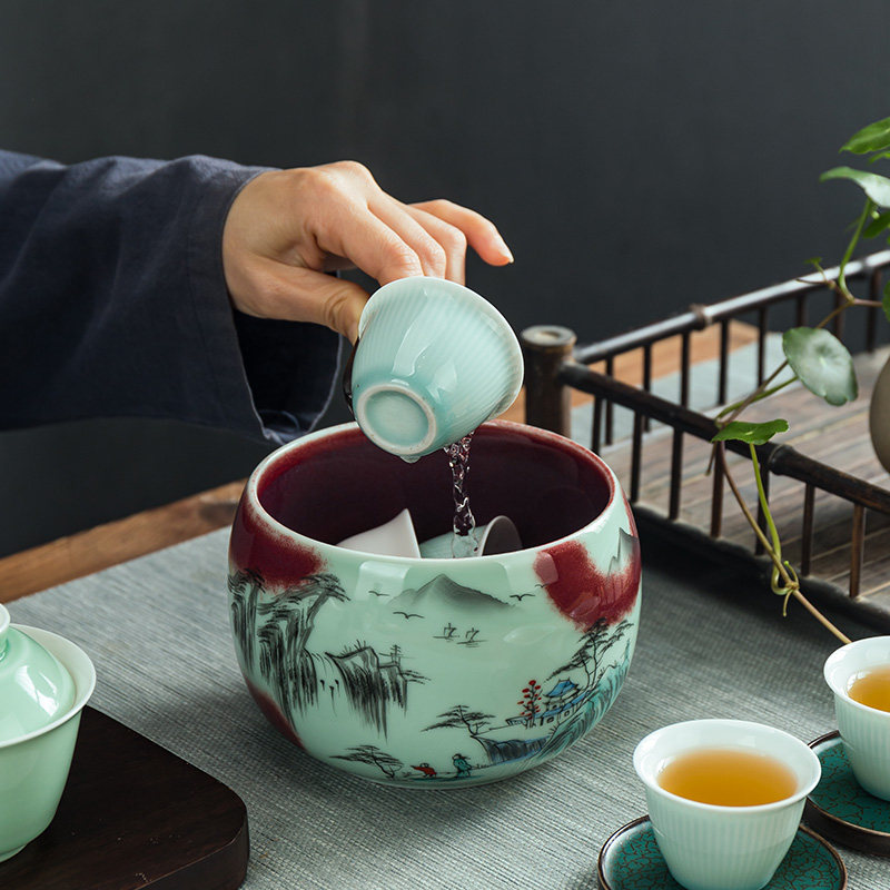 手绘茶渣缸陶瓷茶洗杯子窑变茶渣缸家用茶具配件笔洗杯洗大号水盂