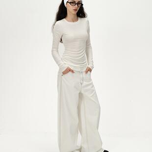 elves 弯刀阔腿剪裁红线拼白色牛仔裤 White red spelling vodka