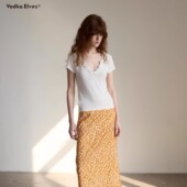 显瘦短袖 木耳花边轻薄V领修身 T恤女 elves vodka