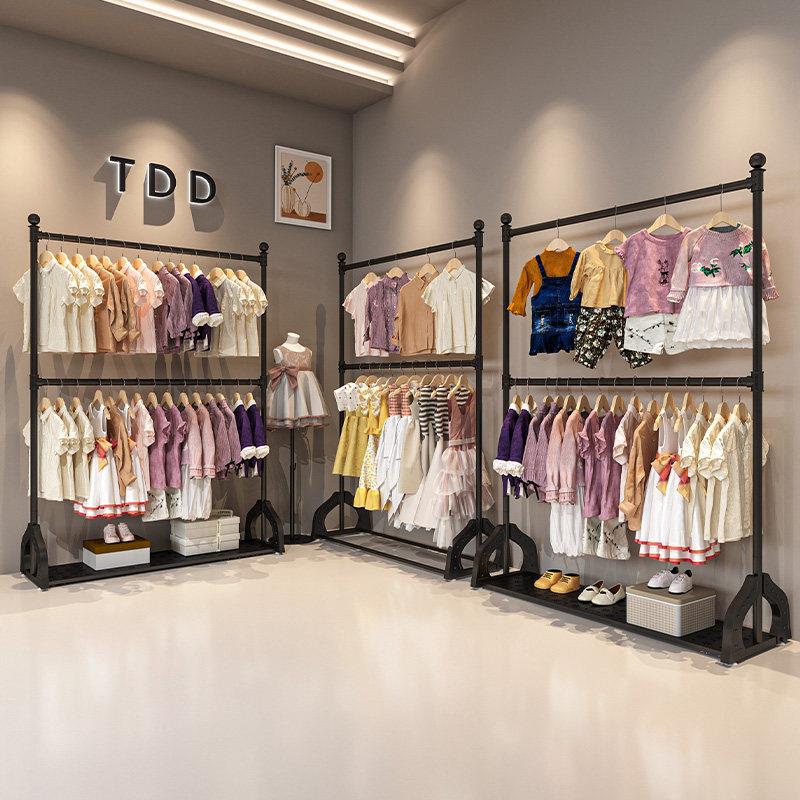 童装店展示架铁艺黑色专用衣服陈列货架组合服装店双层升降挂衣架图片