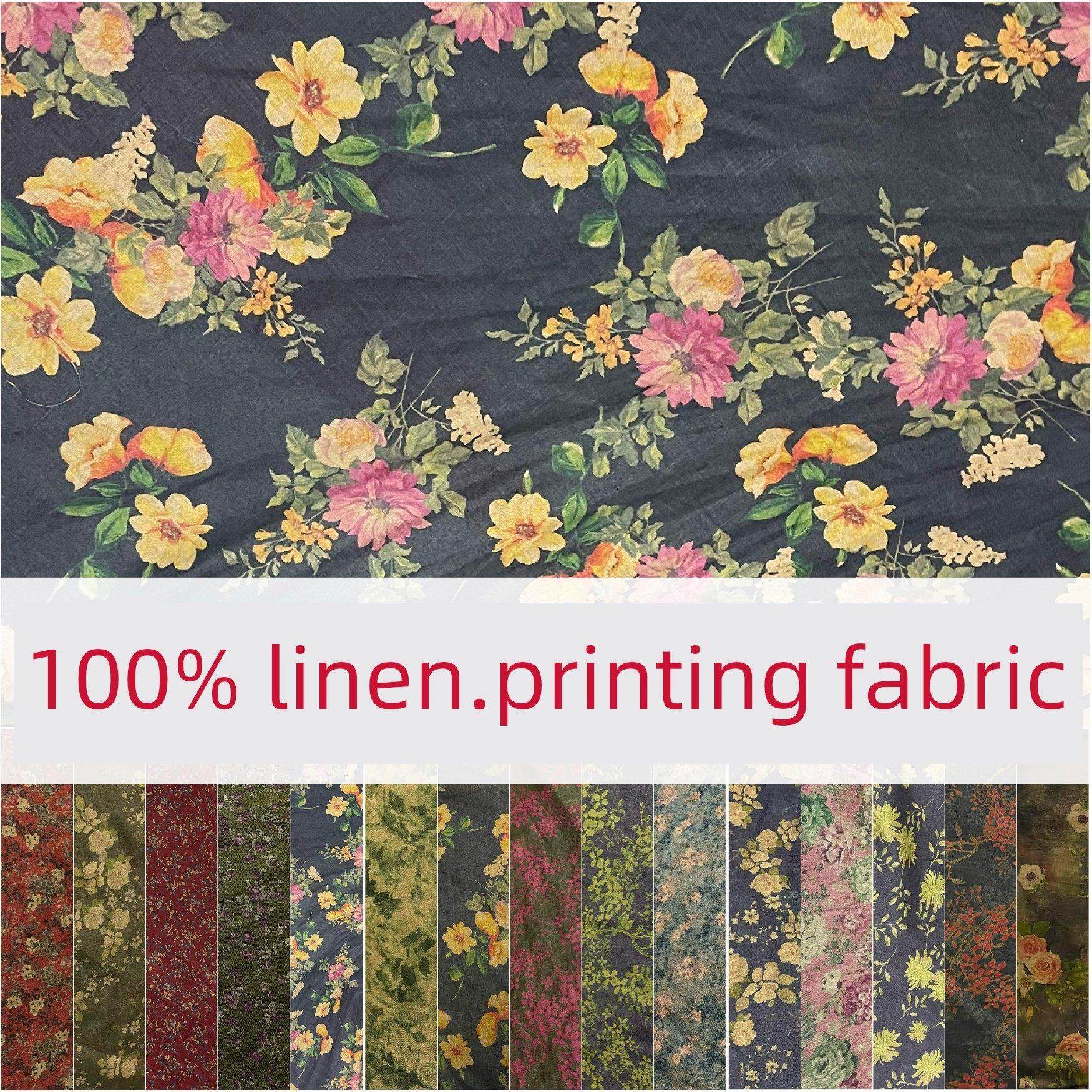 民族风格纯亚麻印花织物典雅夏季旗袍连衣裙汉代衬衫服装麻棉麻织