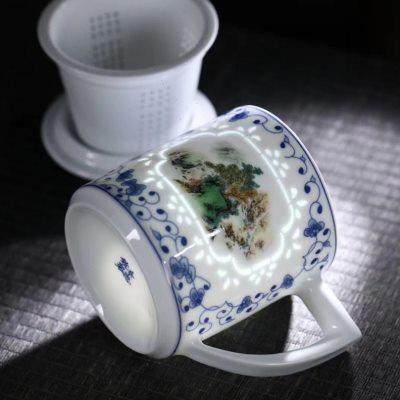 景德镇青花泡茶杯茶水分离陶瓷办公杯过滤带盖瓷杯子家用粉彩单杯