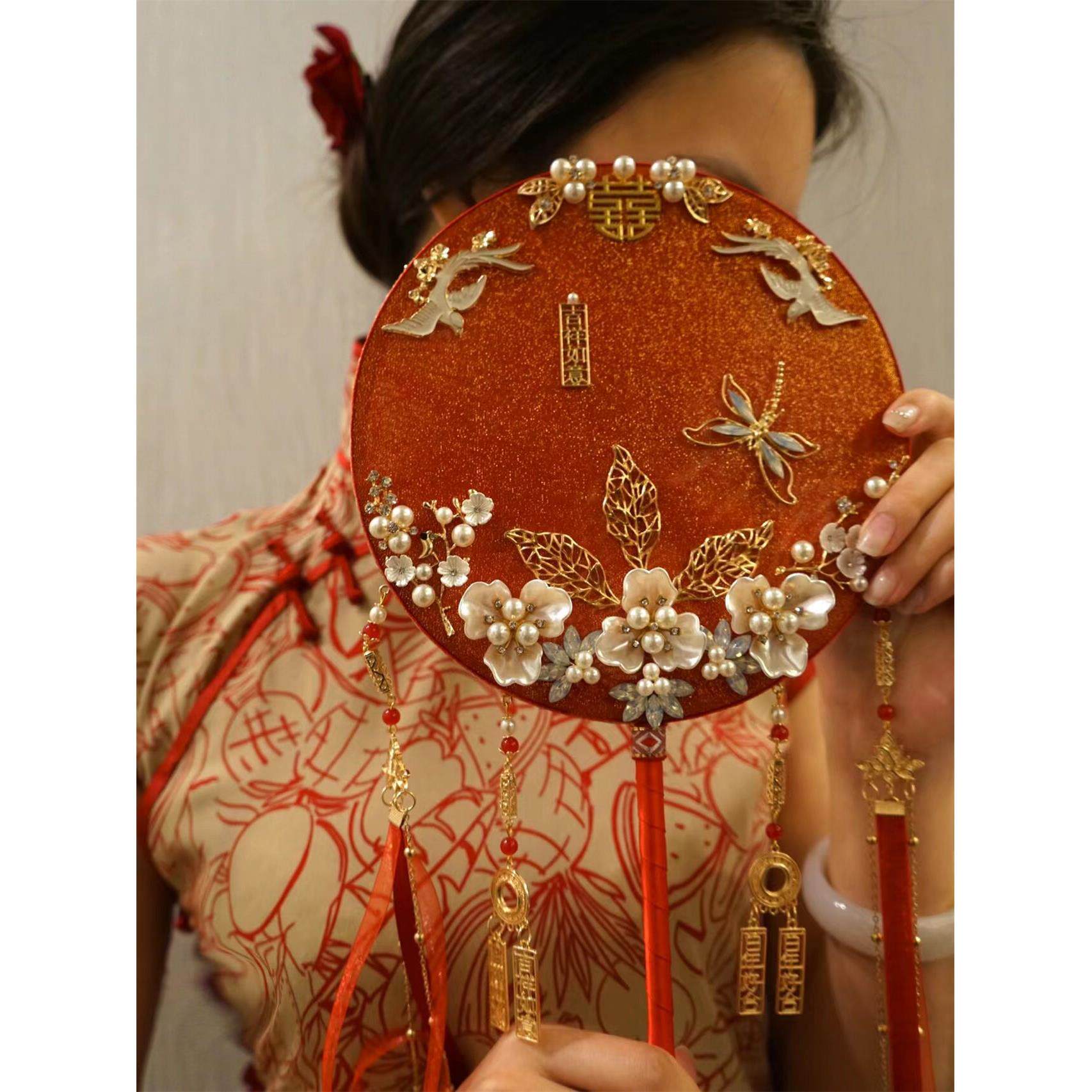 新娘结婚扇子中式婚礼喜扇出嫁手捧花扇婚庆秀禾服团扇成品