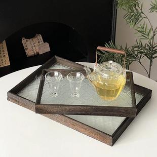 海棠花玻璃托盘复古长方形木质盘子家用水果点心盘茶盘收纳盘 中式