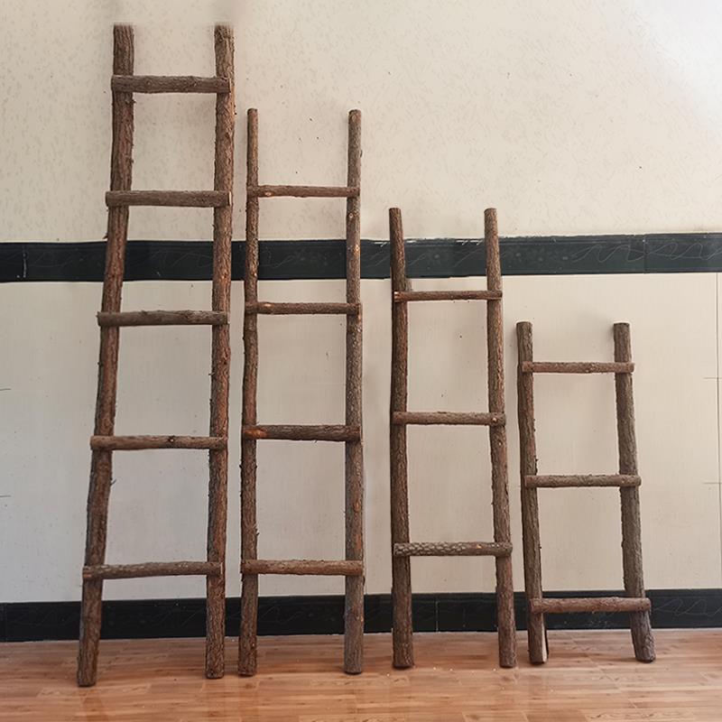 带皮实木梯子装饰原木楼梯绳梯覆古直梯摆件木质软梯森系摄影道具