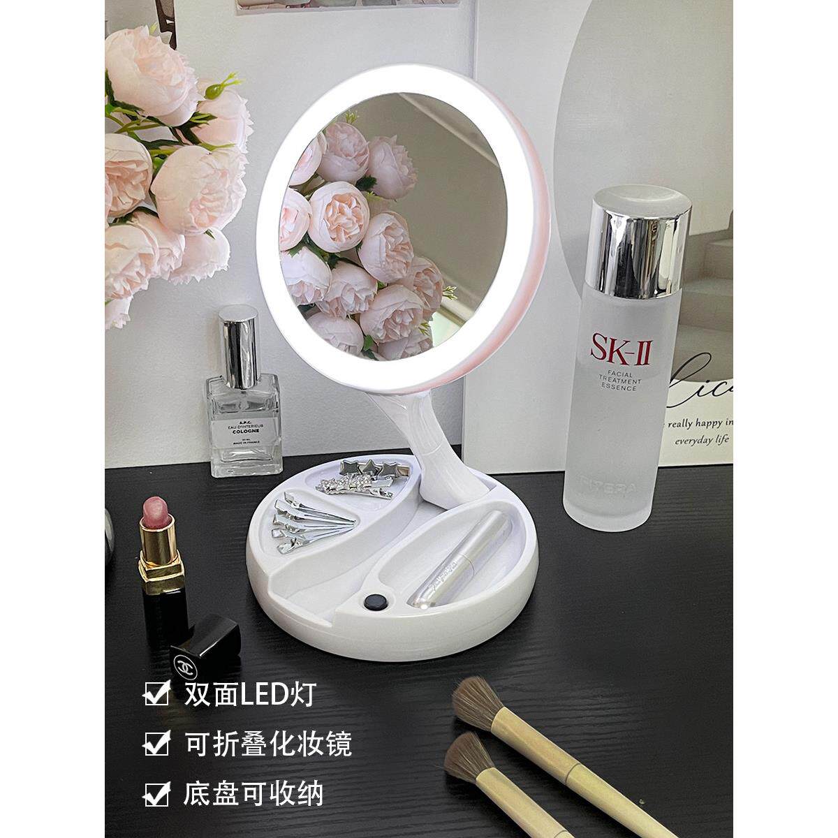 双面可折叠Led填充光化妆镜十倍放大便携式化妆盒桌面桌面化妆镜
