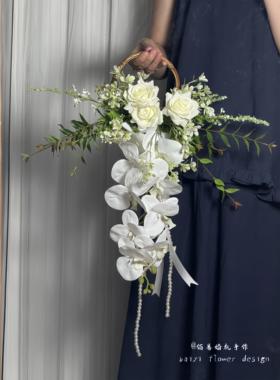 diy手捧花紫色新娘婚礼瀑布花束接亲仿真花hot满天星手拎花珍珠