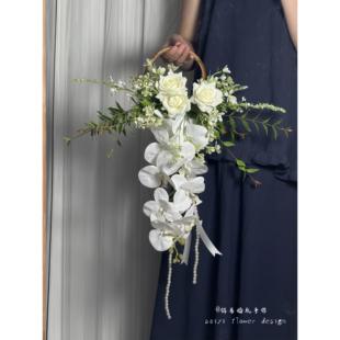 diy手捧花紫色新娘婚礼瀑布花束接亲仿真花hot满天星手拎花珍珠