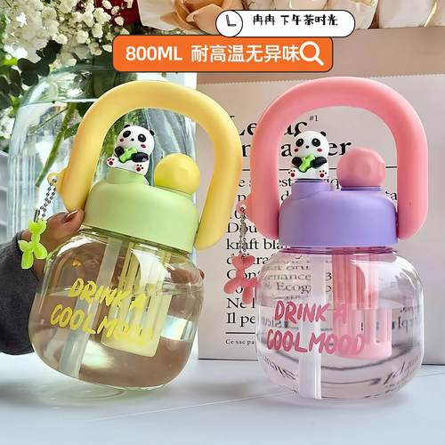 儿童新款高颜值大肚杯800ML大容量双饮水杯户外手提吸管花茶水壶