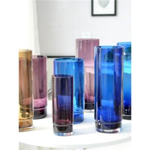 欧美蓝紫琥珀色通透玻璃花瓶圆柱筒形软装摆件花器艺术家居工艺品