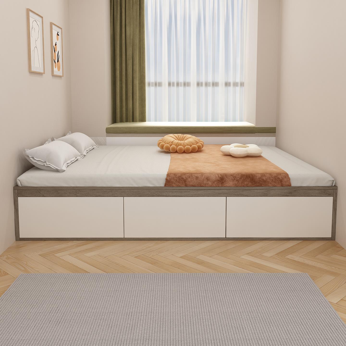 无床头实木床榻榻米床1米8双人床1.35储物地台床落地卧室家用床架