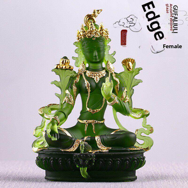 琉璃绿度母菩萨摆件佛像工艺品鎏金家居佛堂桌面供奉密宗中式贴金