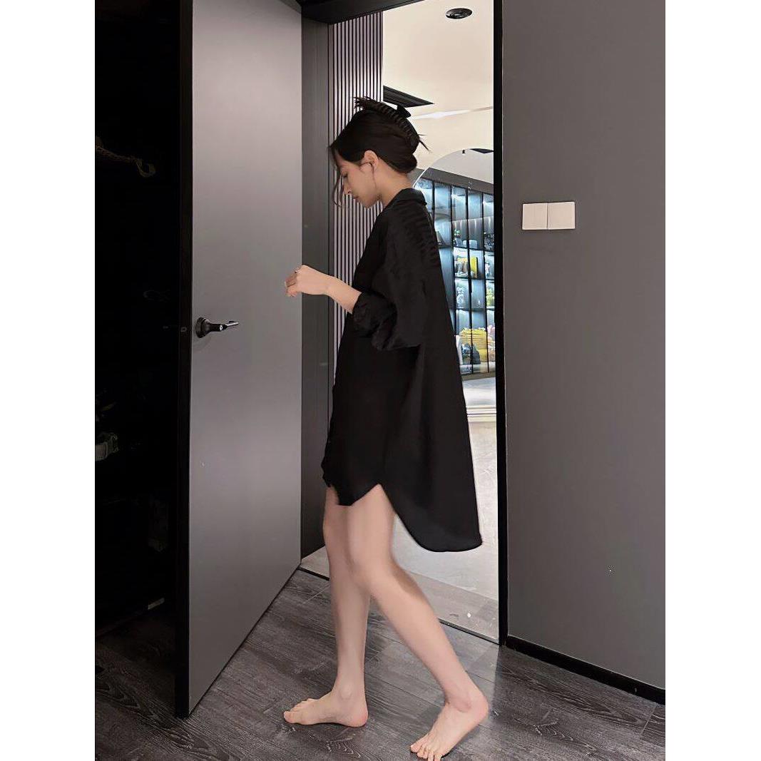 DOUBLEoo中长款男友衬衫裙女士睡裙暗纹提花春夏季简约贡缎纯欲风