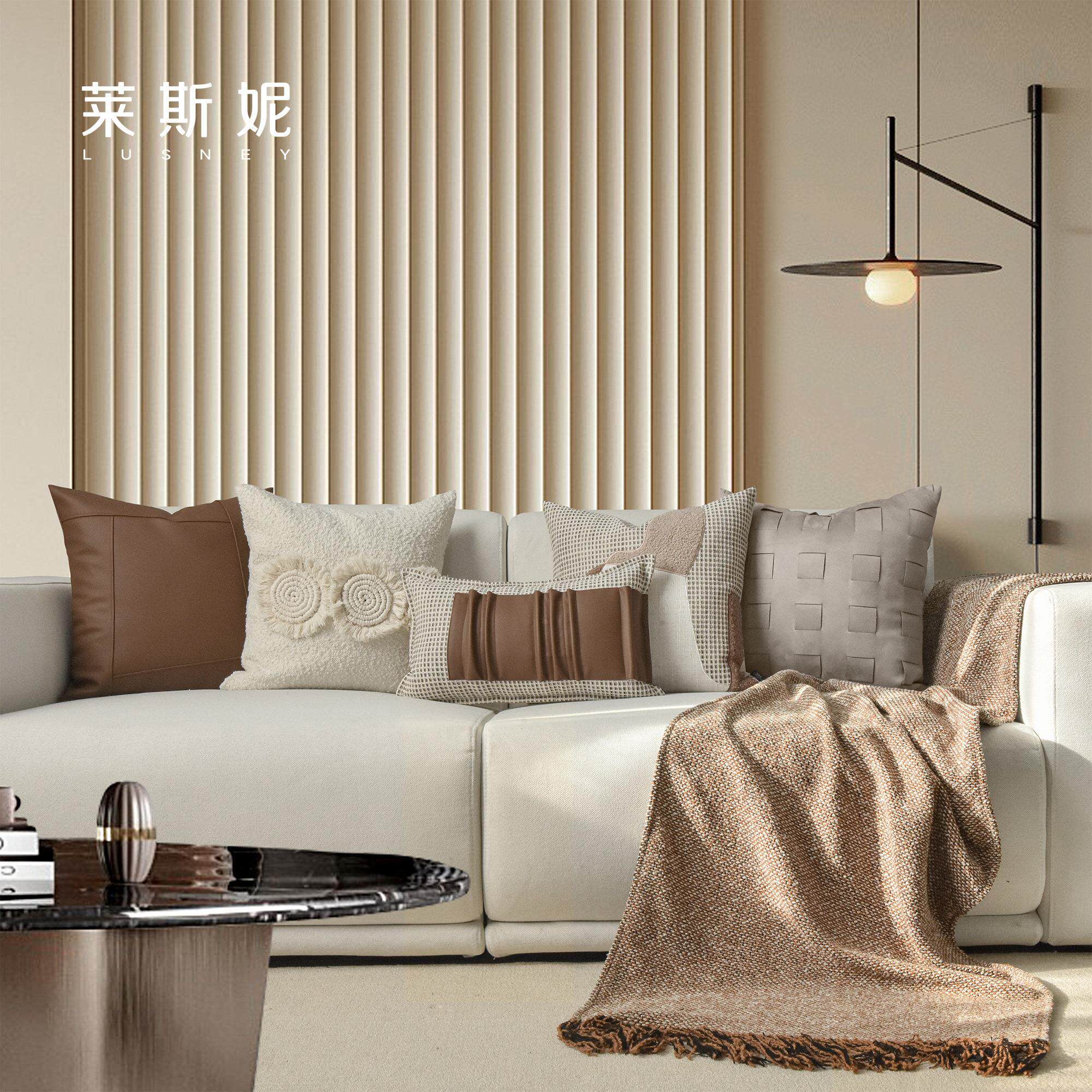 轻奢高级感抱枕沙发咖色皮革棉麻组合宅寂风简约床上客厅靠枕背垫