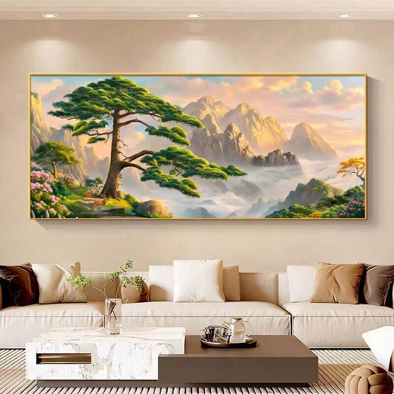 迎客松大山靠山图客厅沙发背景墙装饰画山水画办公室招财风水壁画