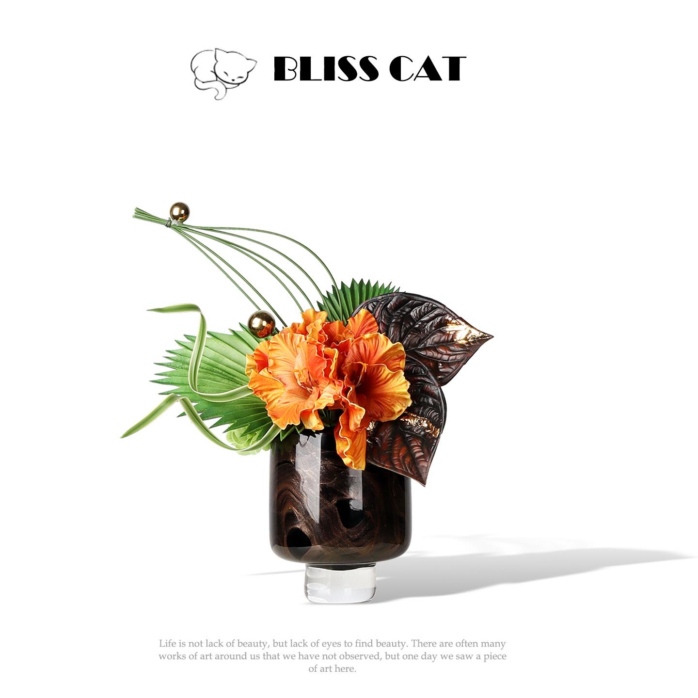 老钱风格黑金玻璃花瓶插花架空气层模型房间客厅咖啡桌花卉艺术高