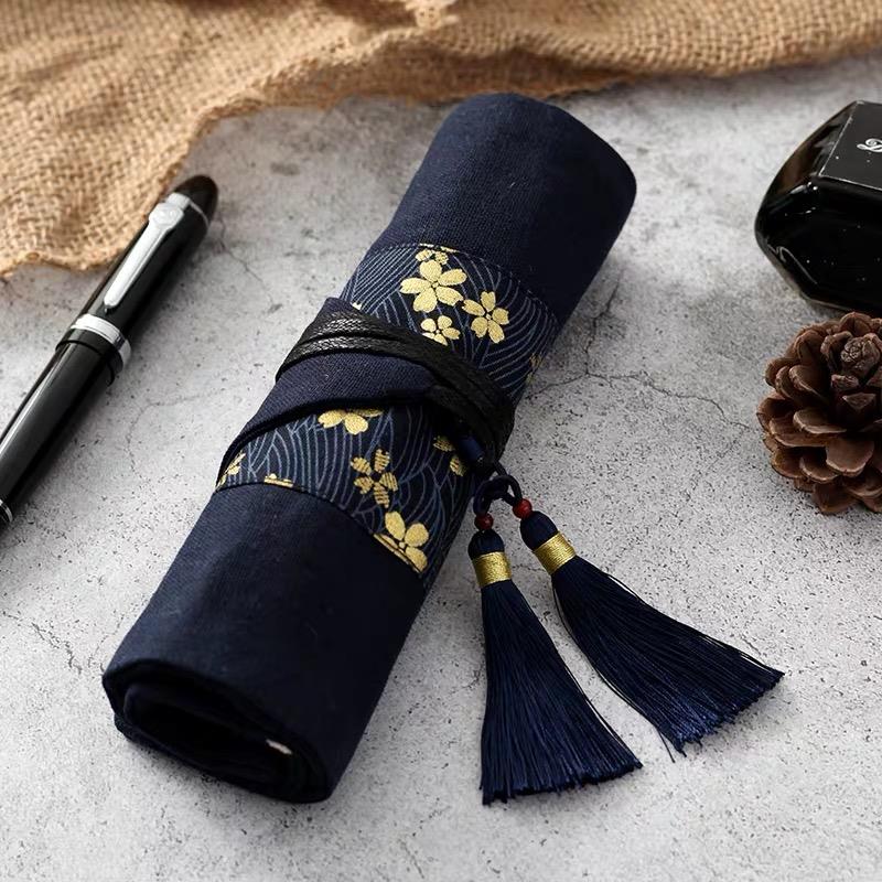 日式烫金手工布艺加厚笔帘卷笔袋毛笔旅行水彩笔钢笔古风文具