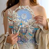 高级银蓝色喜团扇新娘结婚diy材料包新婚礼物婚出嫁秀禾成品重工