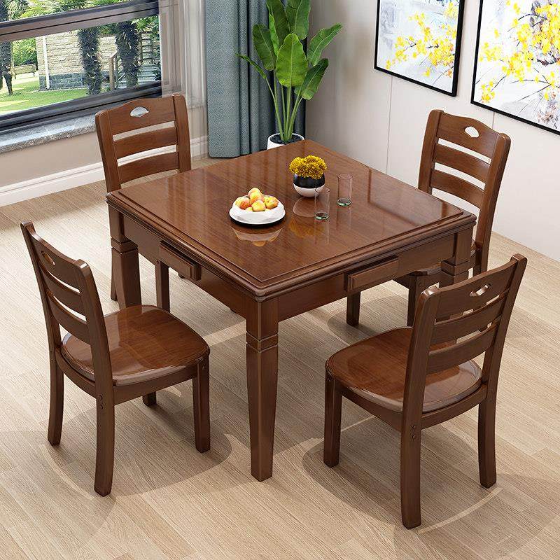 实木麻将桌餐桌两用手搓简易家用象棋桌折叠正方形棋牌桌椅组合