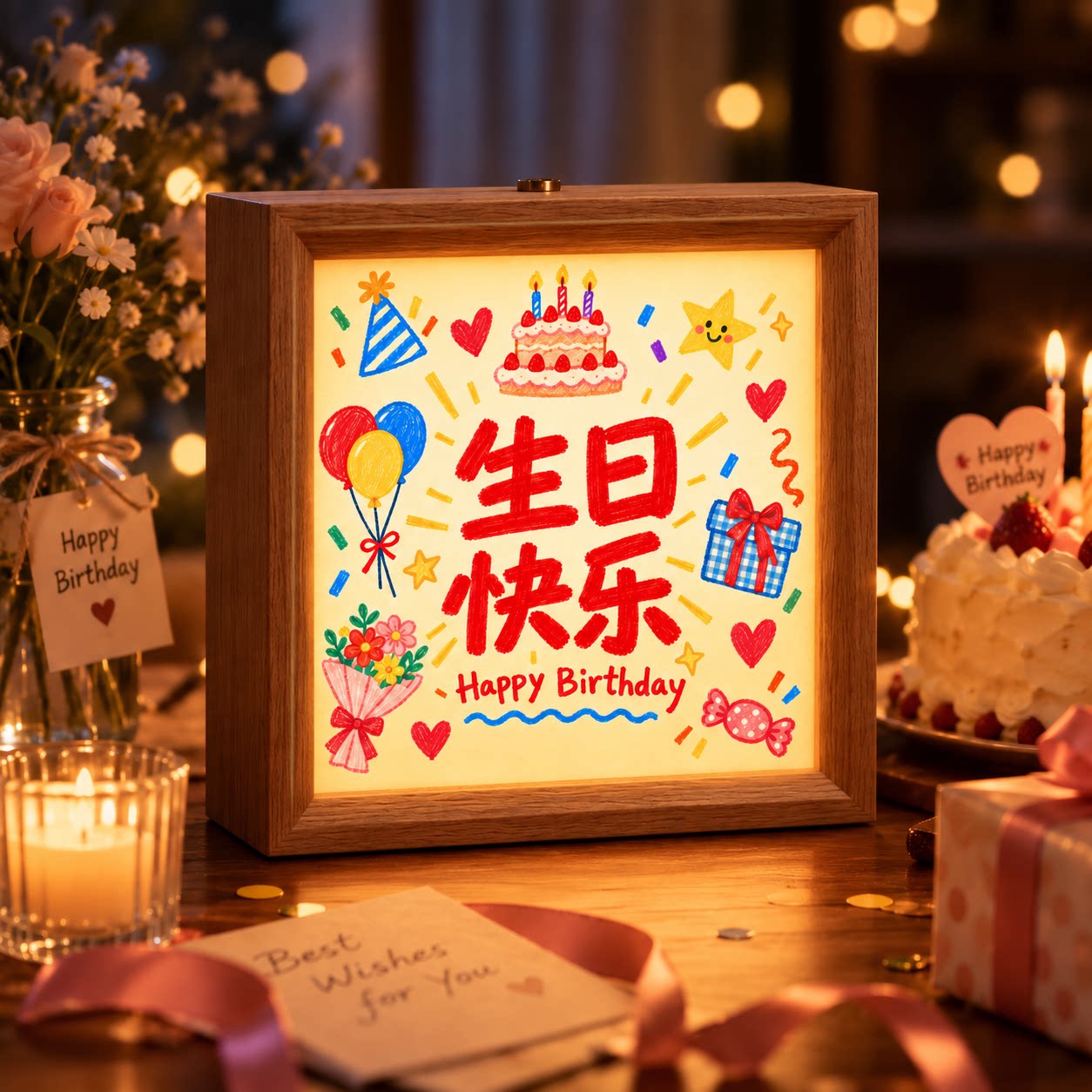 生日发光木质相框摆台