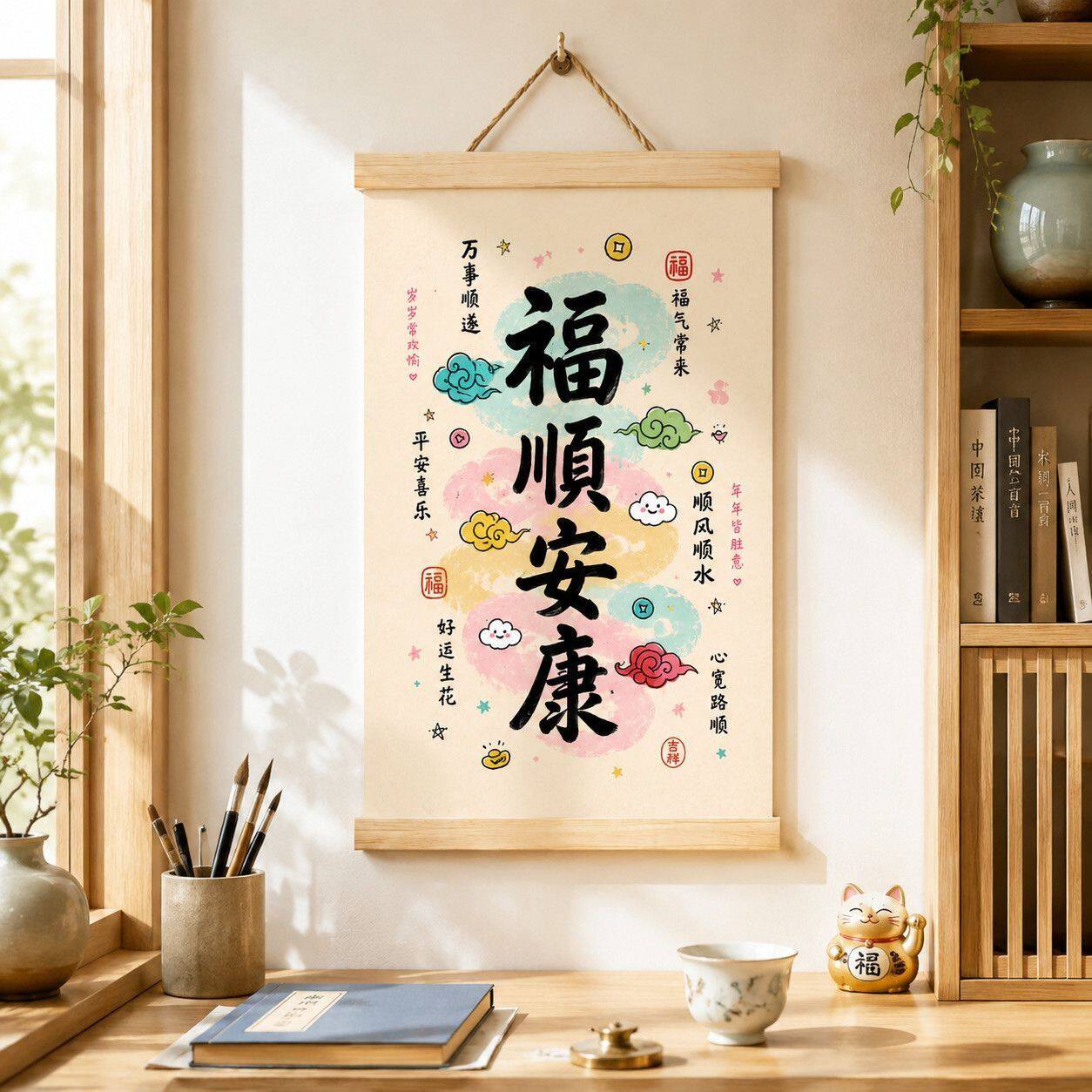 中式吉祥文字卷轴挂画卧室床头